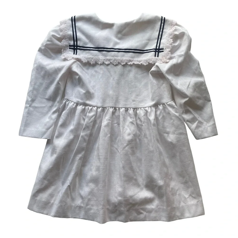 Vintage Just Adorable Sailor Dress White Navy Blue Size 6X Nautical Lace lapel